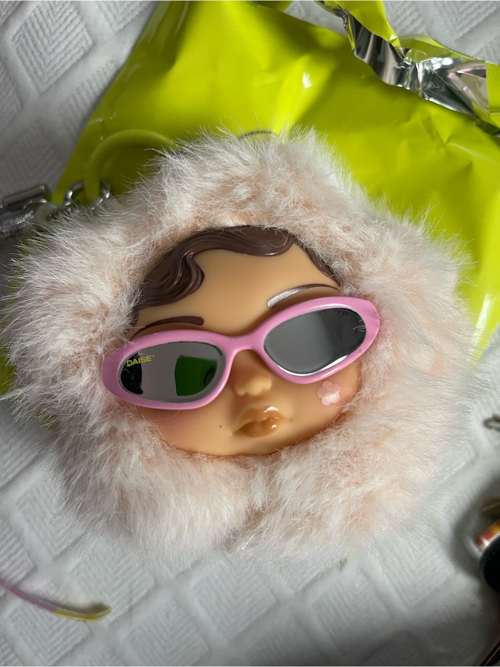 Daisy Kids Plush Doll Face Keychain with Pink Sunglasses